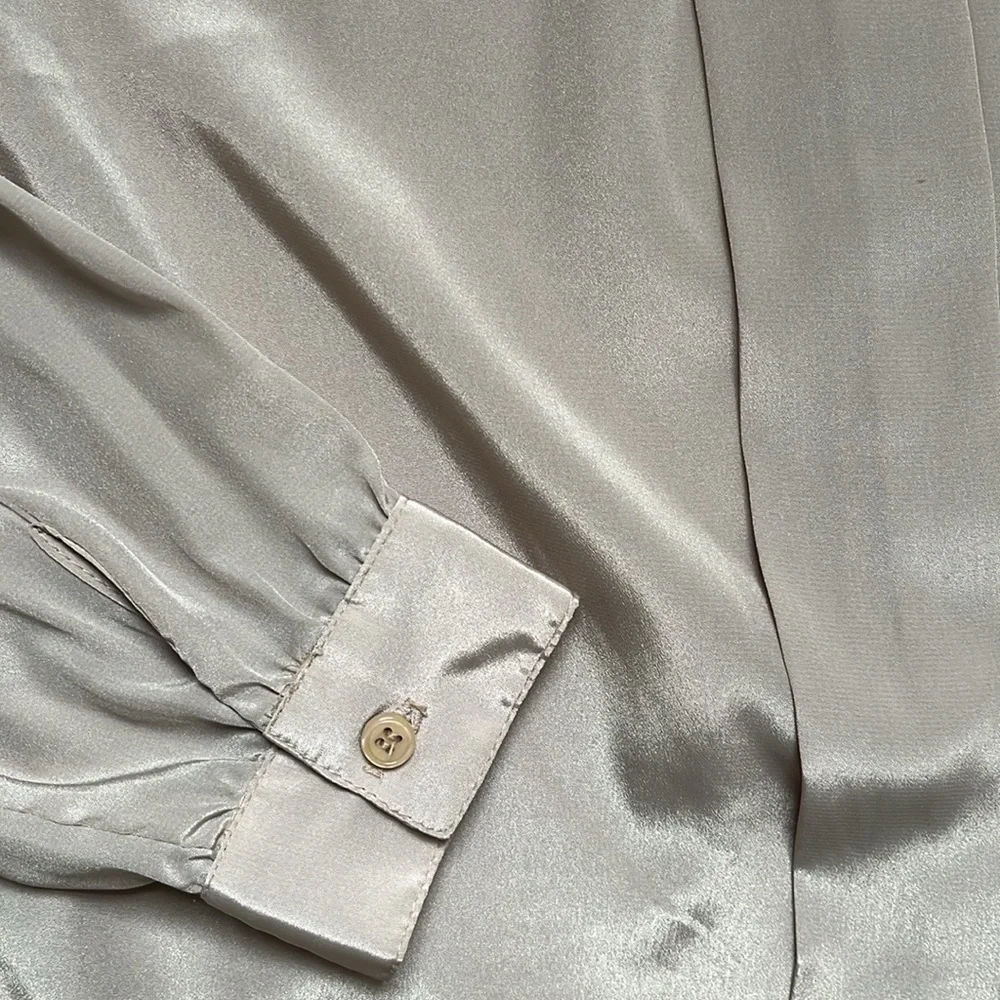 Vintage Tan Embroidered Collar Pleated Front Hidden Button Down Blouse 8P - Picture 6 of 11